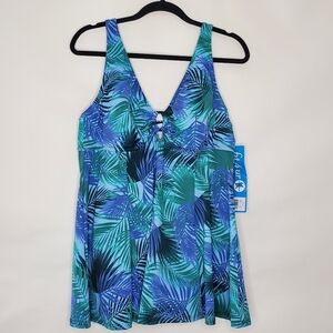 Fit 4 U One-piece Swimsuit Size 18W Leaf Print Skirted Tropical Beach NEW